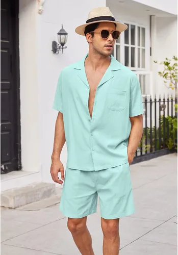 Miniatura 3 de COOFANDY Camisas de lino de manga corta con botones para hombre, conjunto corto hawaiano de playa de 2 piezas