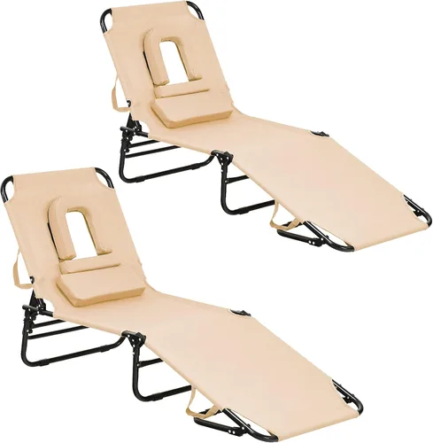 Miniatura 11 de GYMAX Sillón de playa, silla para tomar el sol, silla plegable ajustable reclinable con agujero para cara (1, arena)