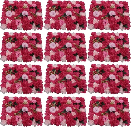 Miniatura 18 de Paneles de pared de flores 3D, 12 paneles de pared de flores artificiales, rosas de seda, fondo de pared de flores sintéticas decorativas