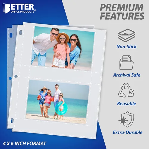 Miniatura 5 de Better Office Products Hojas de repuesto para álbum de fotos, 4 x 6 pulgadas, pesadas, de 3 anillos transparentes de diamante, 400 fotos en total