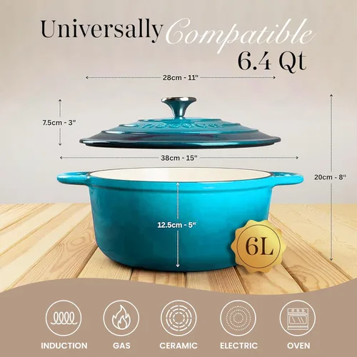 Miniatura 2 de Nuovva Olla holandesa de hierro fundido esmaltado con tapa, cacerola antiadherente de 6.4 cuartos de galón, resistente y apta para horno hasta 500 °