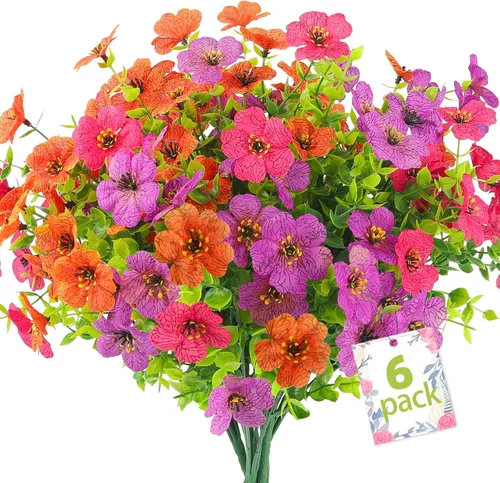 ATTGREAT Flores artificiales de primavera para exteriores, plantas sintéticas, resistentes a los rayos UV, flores falsas realistas para exteriores,