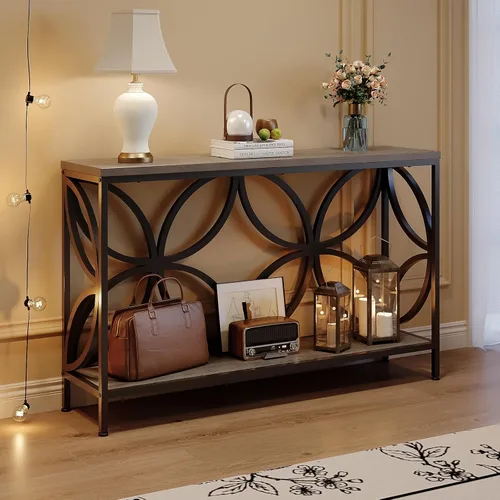 Miniatura 4 de GiftGo Mesa de sofá estrecha de 47.2 pulgadas, mesa de sofá industrial detrás del sofá, mesa consola de entrada vintage con almacenamiento para Gris