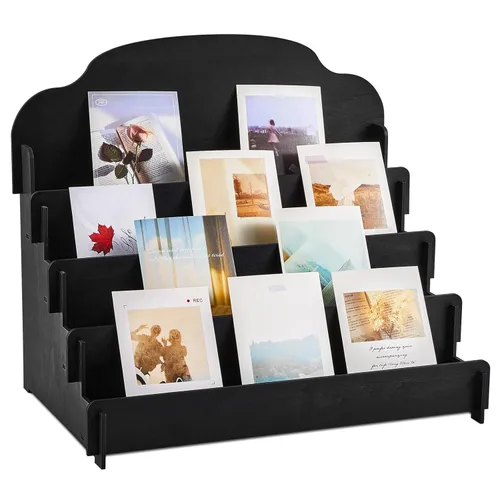 Barydat Soporte de exhibición grande de 4 niveles y 5 niveles para tarjetas de felicitación, soporte de madera para postales, folletos, fotos, Negro