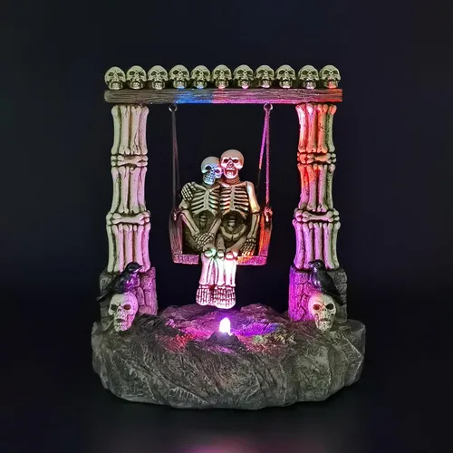 JORAE Estatua de esqueleto oscilante para pareja en luz LED que cambia de color, pilares romanos, calavera, figura de Halloween, decoración