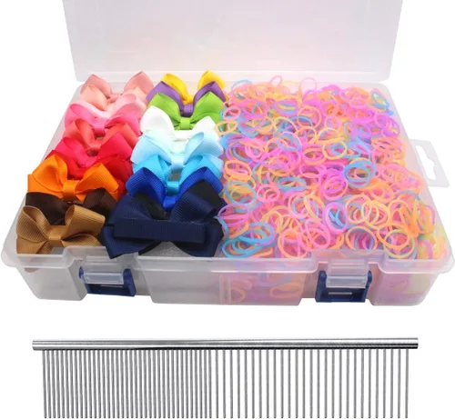 Miniatura 12 de YOY 20 adorables lazos para el pelo de perro con clips y 1000 bandas de goma y 1 peine de acero para peluquería, nudo superior de cachorro, moño