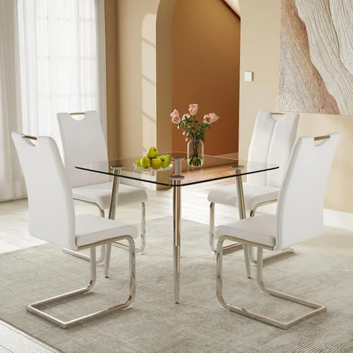 Miniatura 9 de Juego de mesa de comedor cuadrada de vidrio de 36 pulgadas con 4 sillas tapizadas de piel sintética con respaldo alto, diseño moderno de patas
