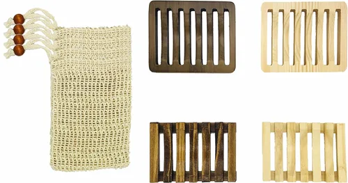 Paquete de 4 jaboneras de madera y 4 bolsas exfoliantes de jabón, soportes de jabón autodrenantes hechos a mano, jaboneras de barra para baño,