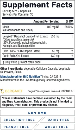 Miniatura 9 de 1MD Nutrition CholestMD con extracto de hoja de olivo, Bergavit, niacina, ajo 60 cápsulas