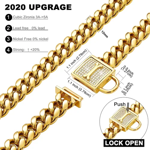 Miniatura 3 de Collar de cadena para perro con cierre de circonita de 0.472 in, cadena de eslabones cubanos de oro de 18 quilates, acero inoxidable, collar de lujo