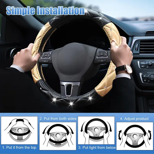 Miniatura 7 de SuperKaKa Funda para Volante Negra y Dorada, Cubierta de Volante de Auto Linda con Diamantes de Imitación Brillantes de Cuero Suave y Cómodo