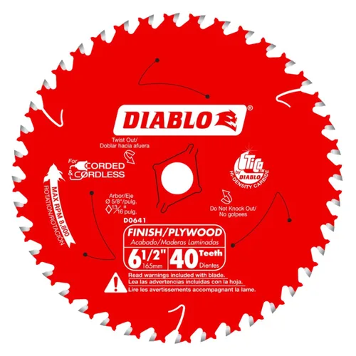 Diablo - Hoja de sierra de acabado de alto rendimiento para madera - 6-1/2" x 40 dientes, carburo Tico - D0641X