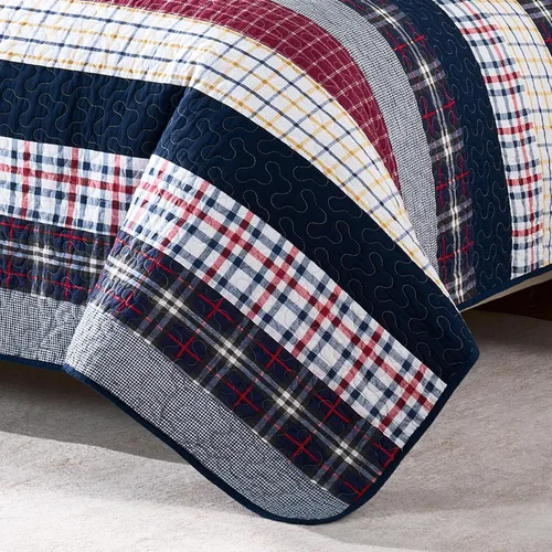 Miniatura 7 de Chezmoi Collection Milton - Juego de colcha reversible de 3 piezas, diseño de retazos a cuadros, 100% algodón lavado, tamaño King
