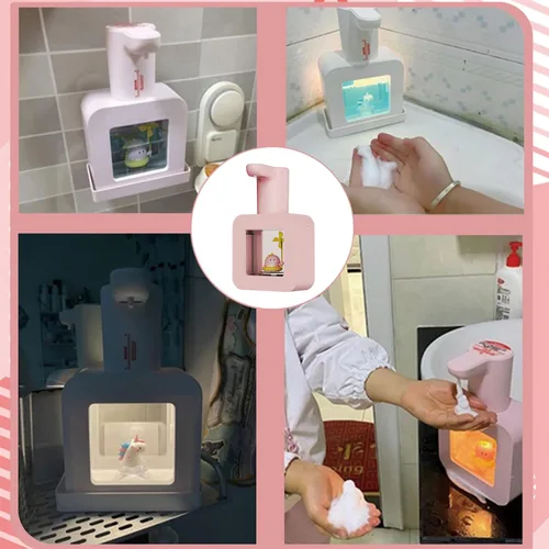 Miniatura 9 de Dispensador de jabón automático lindo - Dispensador de jabón de manos sin contacto rosa para niños, impermeable de montaje en pared USB recargable