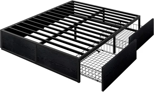 Miniatura 9 de Allewie Marco de cama de metal de tamaño matrimonial con 2 cajones de almacenamiento, marco de acero resistente con paneles de madera de fibropanel