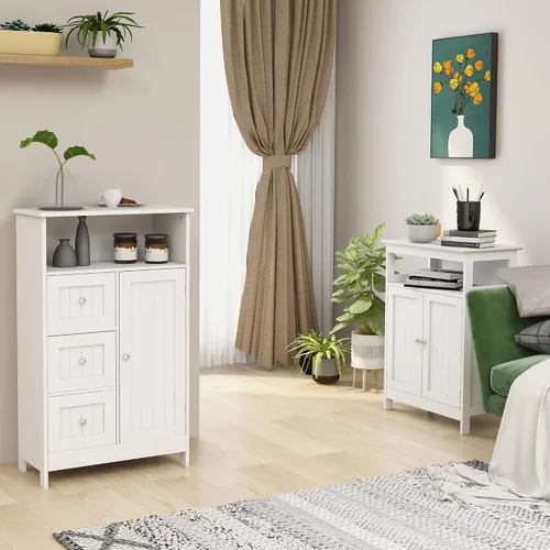 Miniatura 8 de Armario de piso de baño blanco de 39.4 pulgadas de alto, gabinete de almacenamiento independiente, organizador de almacenamiento lateral con 3