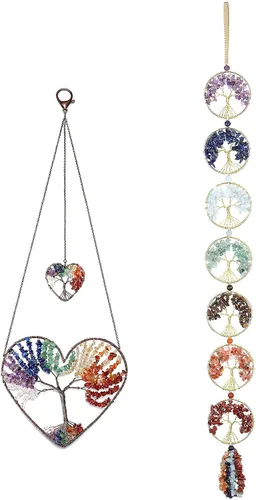 Jovivi Paquete – 2 artículos de adorno colgante de árbol de la vida de doble corazón, 7 chakras reiki curativo percha + 7 chakras árbol de la vida,