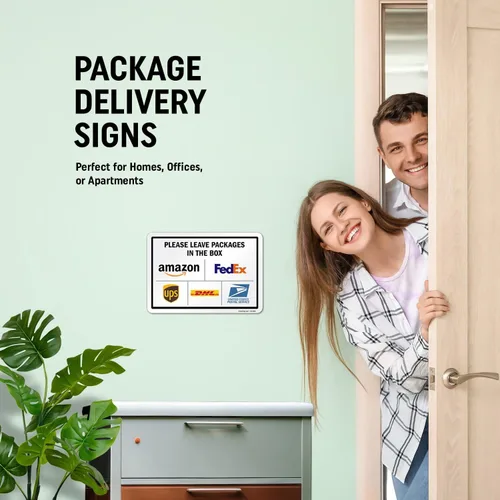 Miniatura 2 de SmartSign 7 x 10 pulgadas "Por favor, deje los paquetes en la caja - Amazon, FedEx, UPS, USPS" Letrero de instrucciones de entrega de metal