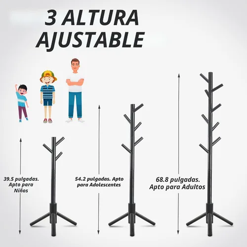 Miniatura 7 de Unisakey Perchero de madera duradero, perchero independiente con base triangular estable, 8 ganchos y 3 alturas ajustables, montaje simple para Negro