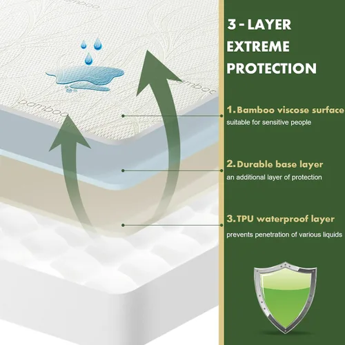 Miniatura 4 de Protector de colchón impermeable tamaño individual XL, protector de colchón transpirable de rayón de bambú con bolsillos elásticos profundos