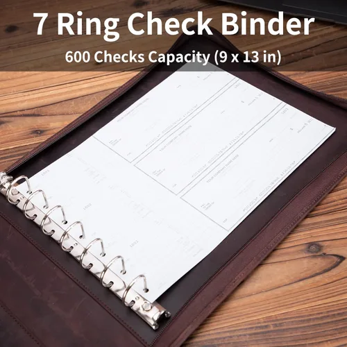 Miniatura 4 de Carpeta de 7 anillos de piel auténtica, soporte para cuaderno de cheques de negocios, 3 en una página para 600 cheques (9 x 13 pulgadas), carpeta