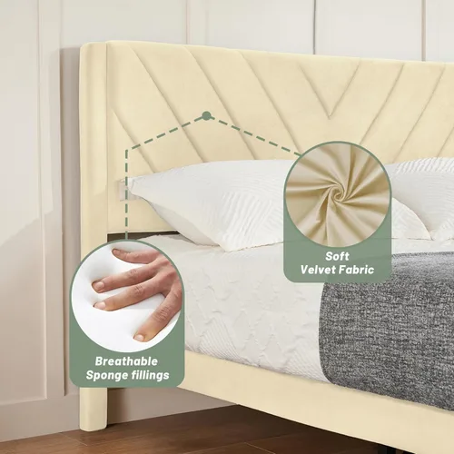 Miniatura 6 de Base de cama de plataforma de tamaño matrimonial con cabecera de terciopelo, borde de ala, listones de madera resistentes, sin ruido, no necesita