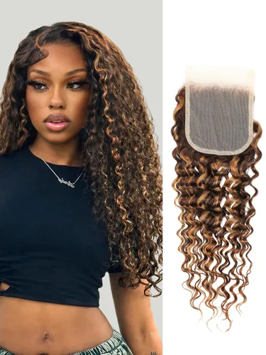 Miniatura 21 de P4/27 Cabello Humano Solitario de Onda Profunda con Reflejos Rubios Miel, 12A 100% Tejido Brasileño Virgen Ondulado Grueso con Mechas Ombre Marrón
