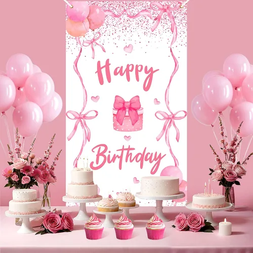 Miniatura 6 de Cartel de puerta de cumpleaños con lazo rosa para decoración de fiesta de cumpleaños con lazo rosa, cubierta de puerta de cumpleaños, pancarta