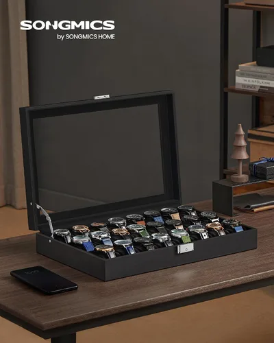 Miniatura 17 de SONGMICS 24 organizador y exhibidor negro de calidad superior, de vidrio, con funda para reloj, de piel sintética UJWB024