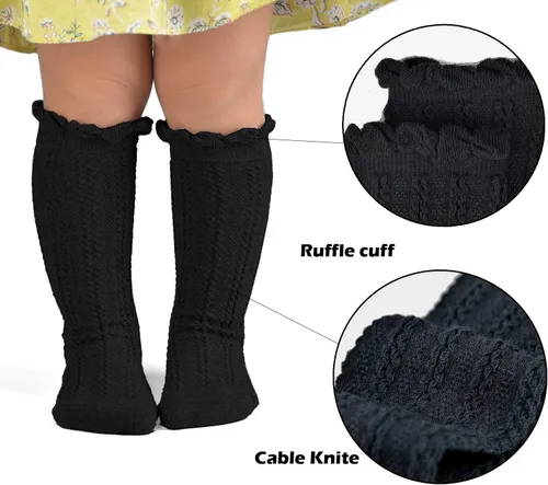 Miniatura 2 de Epeius - Calcetines altos de algodón para bebés y niñas, de uniforme, calcetas con vuelos (Paquete de 3 o 5)