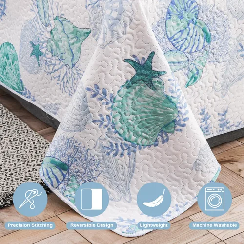 Miniatura 5 de Hailea Edredón oceánico tamaño matrimonial/queen, ropa de cama costera ligera para verano, playa, colcha náutica, conchas de mar azul, sábana con 2