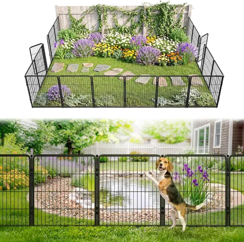 Miniatura 56 de FXW - Valla de jardín metálica y resistente para exteriores, barrera para perros y conejos, fácil instalación, negro, 24 pulgadas de alto x 29.6