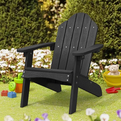 LUE BONA Silla Adirondack para niños, silla de resina de madera de polietileno negra, silla Adirondack para niños pequeños resistente a la