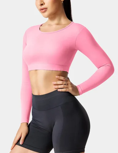 Miniatura 4 de YEOREO Top corto de entrenamiento definitivo para mujer, manga larga, espalda abierta, brasier acolchado, espalda descubierta, yoga, gimnasio, tops