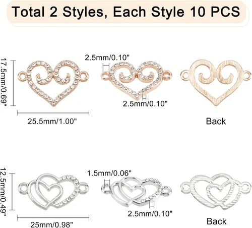 Miniatura 3 de PH PandaHall Dijes de corazón con diamantes de imitación, 20 piezas de eslabones de corazón de amor, dijes de San Valentín con doble corazón, dije