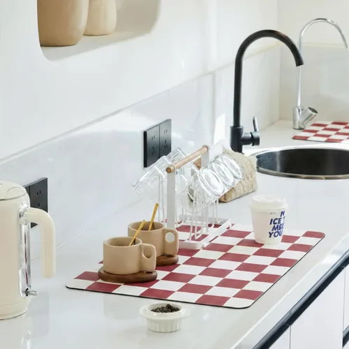 Miniatura 17 de Ohocut Tapete de secado de platos a cuadros para encimera de cocina, accesorios de estación de cafetería, estética, retro, moderna, absorbente