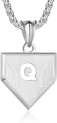 Miniatura 15 de Collar con inicial de la A a la Z para niños, de acero inoxidable, con dije de escudo de letra, cadena de 22 + 2 pulgadas, inspirador de béisbol