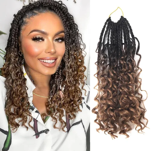 Miniatura 52 de Goddess Box Braids - Trenzas de cabello a ganchillo con extremos rizados, trenzas de caja bohemianas de 16 pulgadas, trenzas de ganchillo, 8 1B-4-30