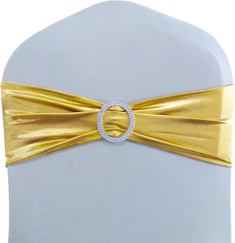 Miniatura 9 de Bandas para silla de elastano metálico dorado para boda, paquete de 100 bandas para silla con hebilla, lazos dorados para sillas doradas, lazos