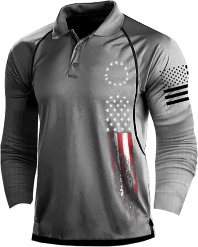 Miniatura 5 de Camisa polo de manga larga con bandera estadounidense para hombre, cuello gráfico patriótico, camiseta de golf, moderna, casual, cuello en V, tops
