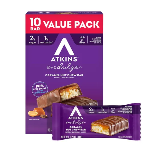 Atkins Endulge - Barra masticable de nueces de caramelo, barra de nueces, bajo en azúcar, alta en fibra, 10 unidades