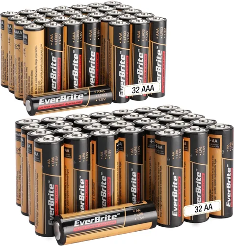 EverBrite 64 pilas alcalinas de alto rendimiento, paquete de 32 pilas alcalinas AAA y 32 pilas alcalinas AA, pilas triple A y baterías dobles A,
