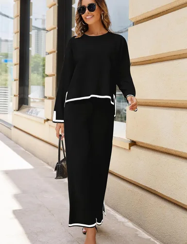Miniatura 4 de Faleave Conjunto de 2 piezas de punto para mujer, suéter de manga larga, sin botones, pantalones de pierna ancha, conjunto de ropa deportiva
