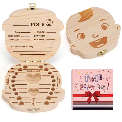 NASHRIO Caja de dientes de bebé de madera, organizador de recuerdos para niños para los dientes de bebé, lindo contenedor de dientes para niños con
