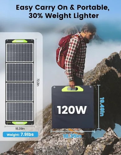 Miniatura 2 de Panel Solar Portátil de 120W, Panel Solar Plegable Greenmagic de 120W 19V para Camping al Aire Libre RV Hogar, Resistente al Agua IP67 con Estuche