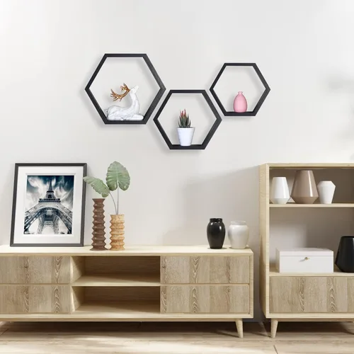 Miniatura 4 de PHOENANCEE - Estantes flotantes hexagonales, juego de 3 estantes de nido de abeja, estantes de pared de madera estilo granja para almacenamiento