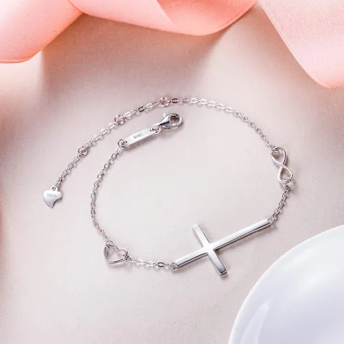 Miniatura 5 de EVER FAITH Pulsera de cruz de plata de ley 925 religiosa clásica con dije de infinito con dije de cruz, cadena ajustable, cumpleaños, día