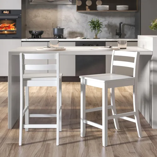 Miniatura 4 de COSTWAY Juego de 2 taburetes de bar de madera, taburetes de altura de mostrador de 24 pulgadas con respaldo ergonómico y reposapiés, sillas de Blanco