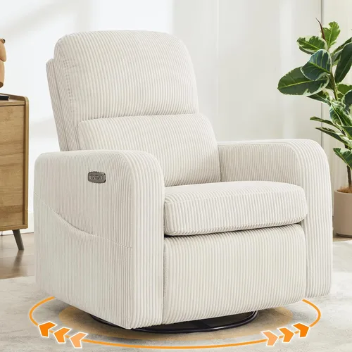 Mecedora Reclinable Giratoria, Reclinable Eléctrico de Gran Tamaño con Cojín Removible, Sillas de Guardería Reclinables Giratorias Tapizadas para