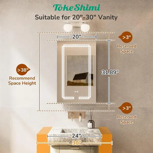 Miniatura 3 de TokeShimi Botiquín con Espejo Iluminado de 20 x 31.9 pulgadas, Espejo LED de Baño Templado Antivaho con Almacenamiento, Atenuación Continua de 3